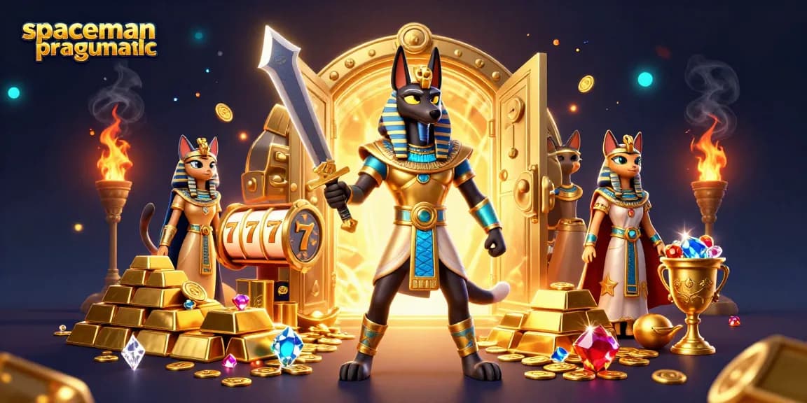 Engage with the vibrant spaceman pragmatic slot gaming scene showcasing Anubis and Bastet surrounded by riches.