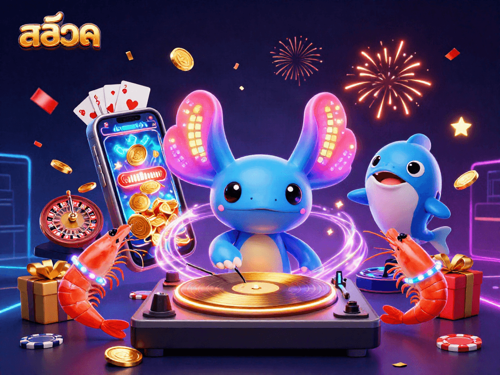 Spin the colorful slot reels with สล็อต, surrounded by dancing characters and casino vibes.
