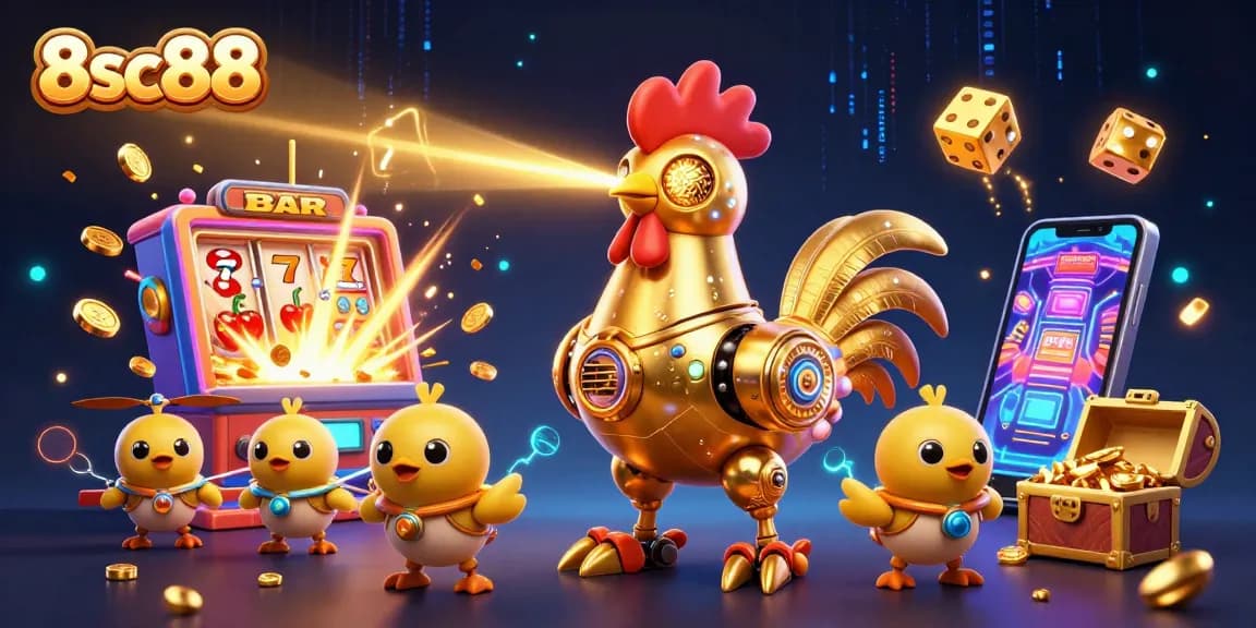 Engage in thrilling casino fun with 8sc88's golden rooster robot and dynamic game elements.