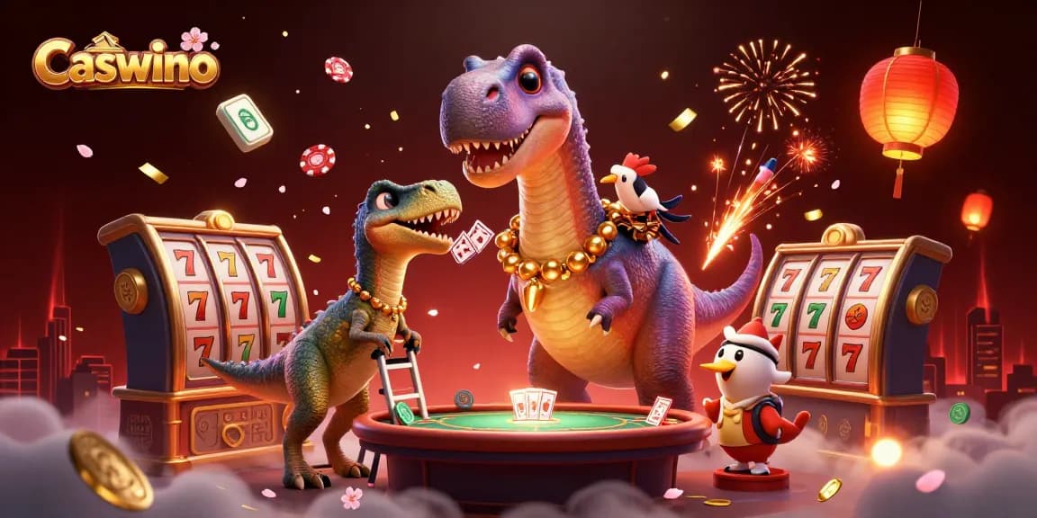 Join the fun at Caswino with vibrant slot reels, a friendly brontosaurus, and lively card games.