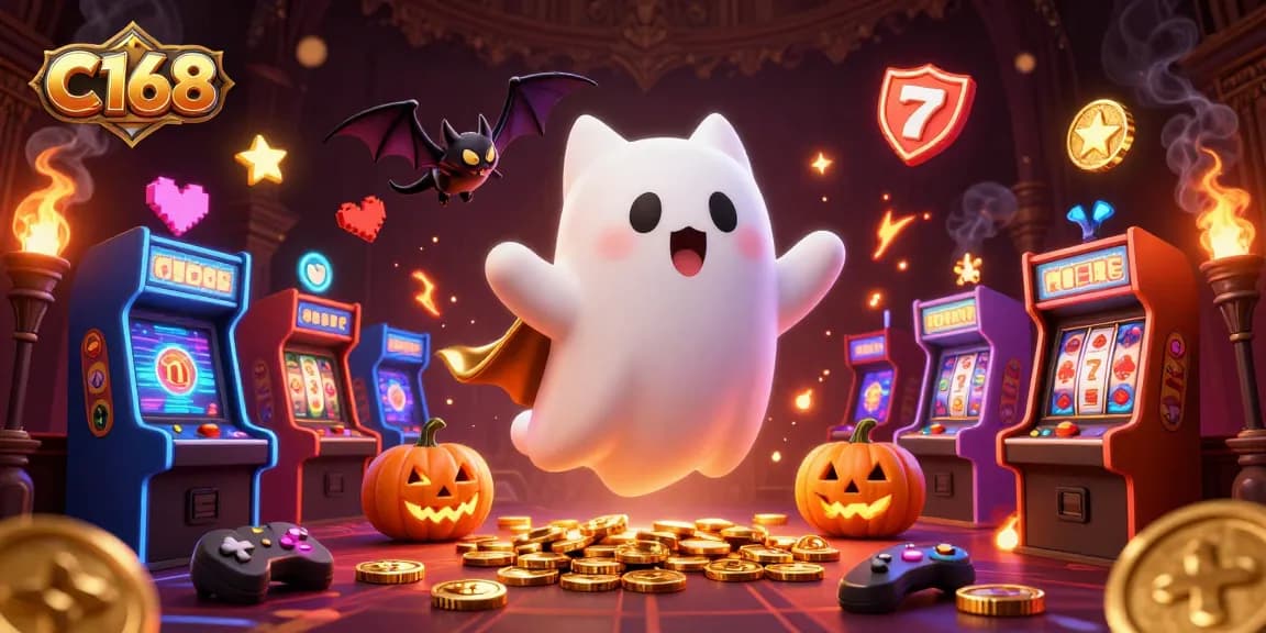 C168 showcases a lively casino scene with a ghost cat, vampire bat, and poker-themed jack-o-lanterns spinning slots.