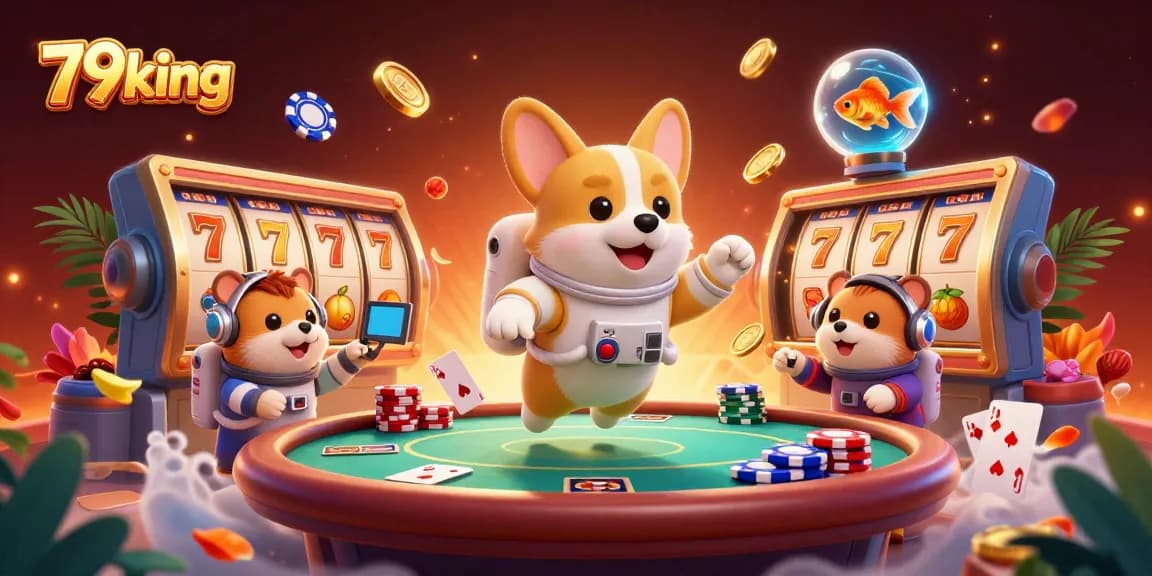 Engage in 79king's vibrant casino atmosphere with an astronaut corgi, drifting poker elements, and dynamic slot reels.