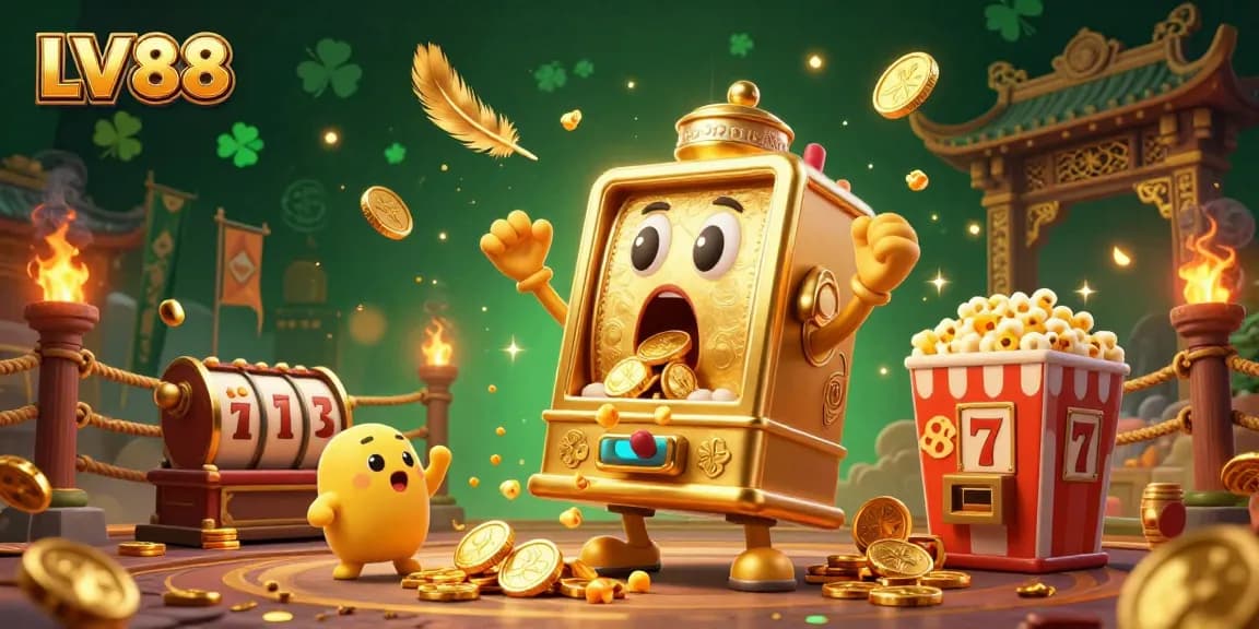 LV88 slot machine celebrates its jackpot victory with cheering smaller machines and festive elements.