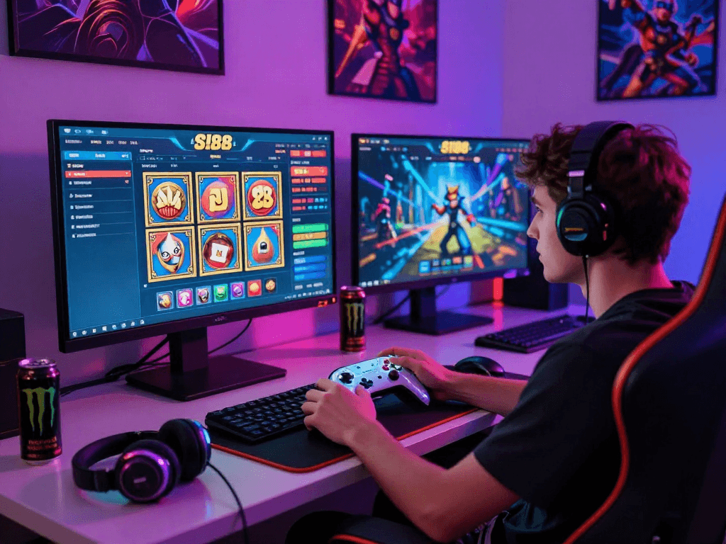 Player enjoying an immersive slot88 gaming experience with vibrant LED lights and dynamic setup.