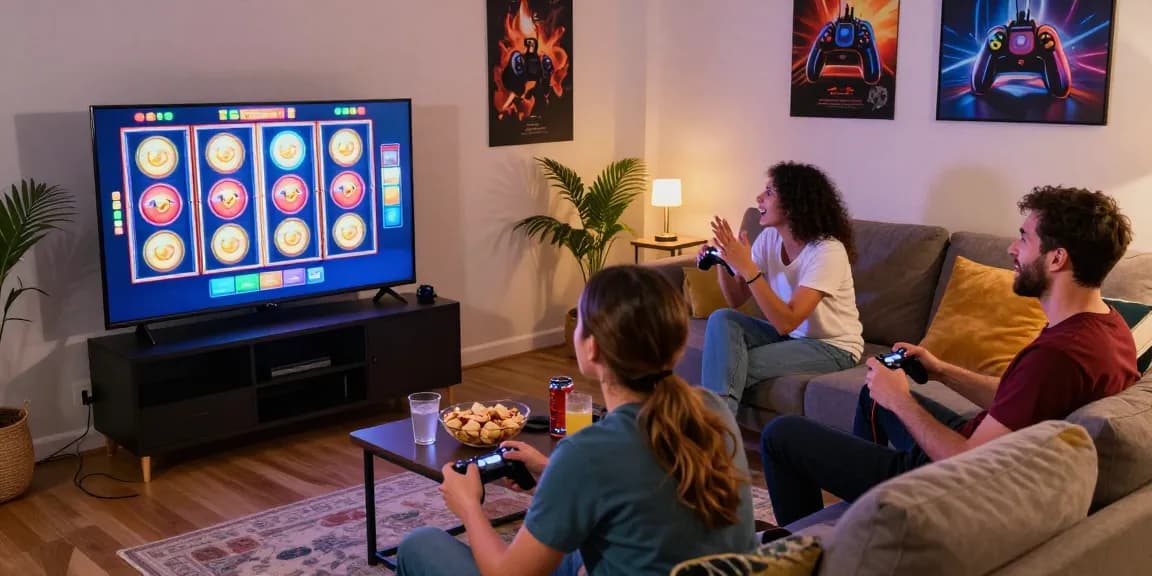Permainan slot gacor yang seru di ruang tamu dengan teman-teman, TV menampilkan gulungan slot yang berputar.