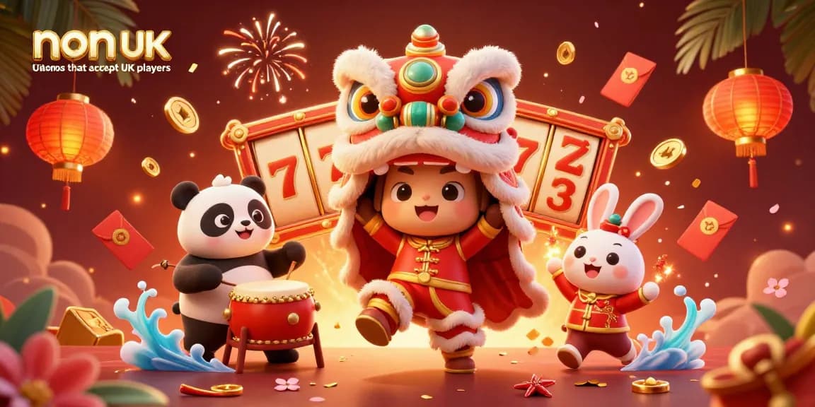 Experience the thrill at non UK casinos that accept UK players with vibrant slot games and festive scenes.