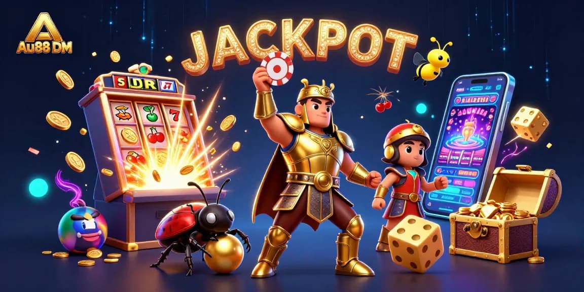 Engage with Au88 DM's exciting slots and jackpots featuring vibrant 3D characters and casino elements.