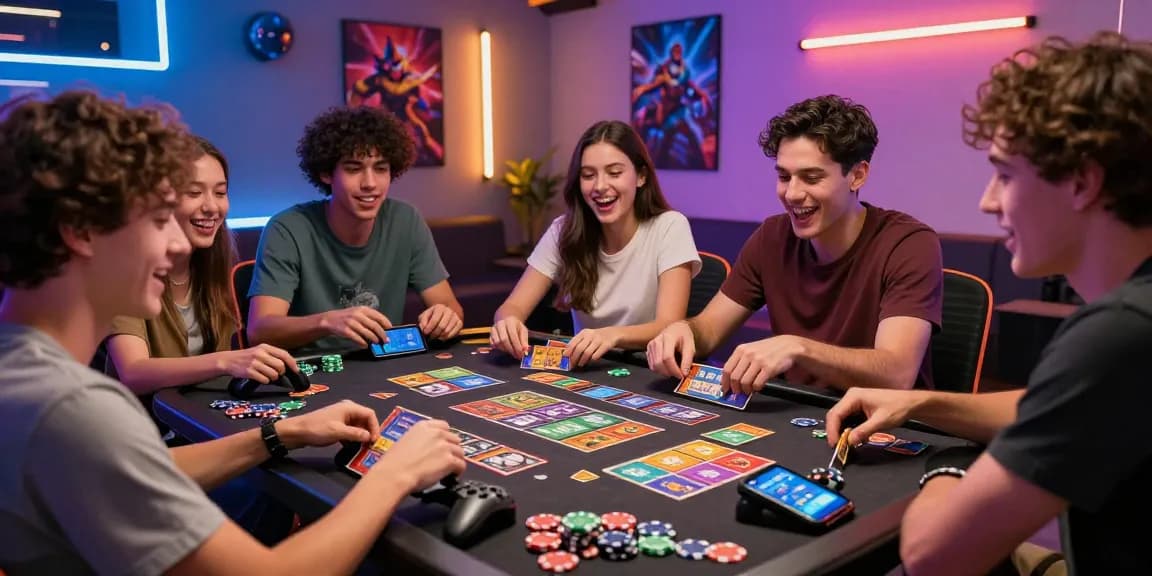 Permainan Togel di https://honda555.net/ dengan kelompok teman-terlihat ceria, kartu permainan berwarna-warni dan suasana yang energik.