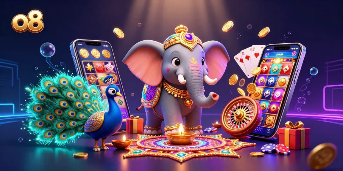 Experience the thrill of gaming at O8 with colorful illustrations of slots and vibrant characters.