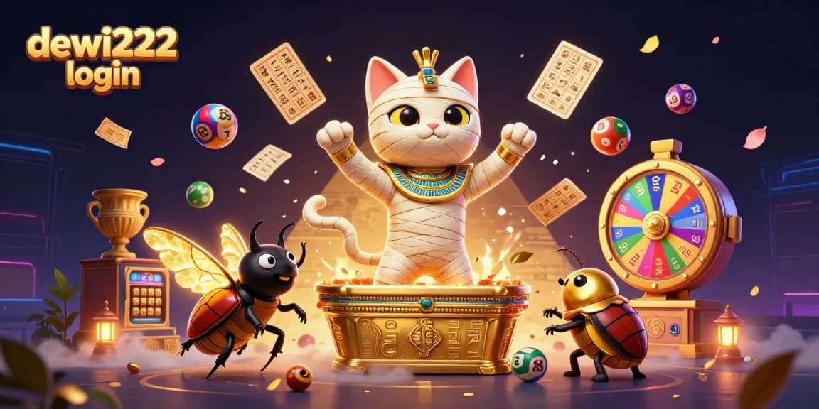 Permainan menarik dewi222 login dengan kucing mummy, tiket emas, dan bola lotere berwarna.