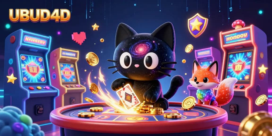 Experience the excitement of UBUD4D with the cosmic cat and fox at a stunning casino table.