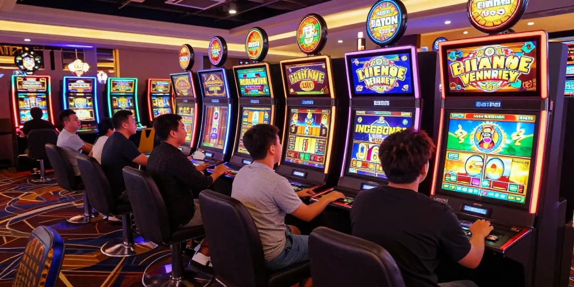 Pengalaman bermain di situs slot dengan pemain bersemangat di mesin slot, suasana kasino penuh warna.