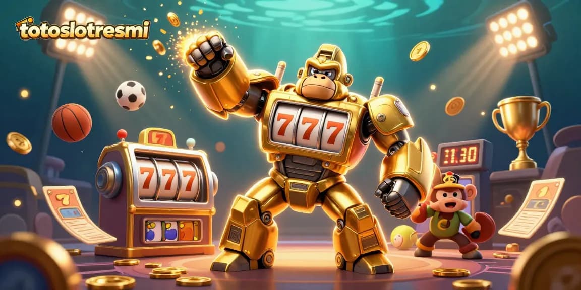 Experience the excitement of totoslotresmi with a dynamic 3D gambling scene featuring a golden gorilla mech and vibrant slot elements.