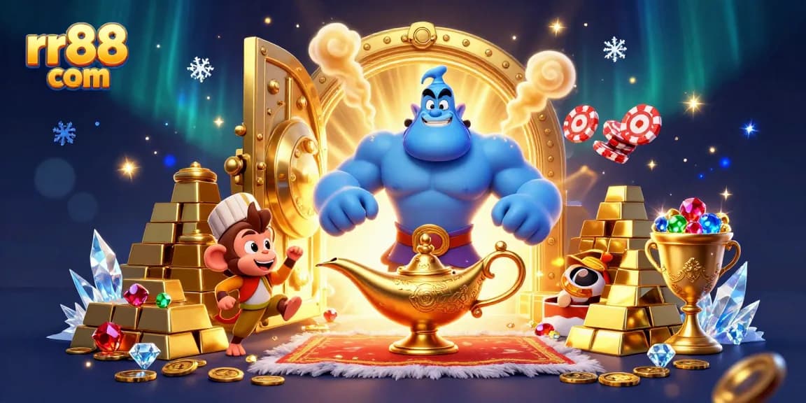 Experience the thrilling world of rr88 com with a 3D illustration of a genie, monkey, and magic carpet loaded with poker chips.