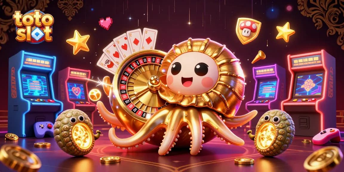 Experience thrilling action in toto slots with a vibrant 3D illustration of a giant nautilus and colorful gaming elements.