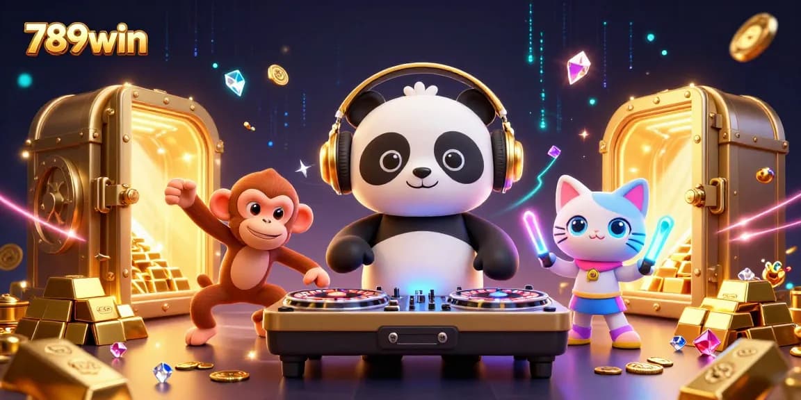 Engage with 789win's vibrant casino atmosphere featuring DJ panda and breakdancing monkey in a dazzling scene.