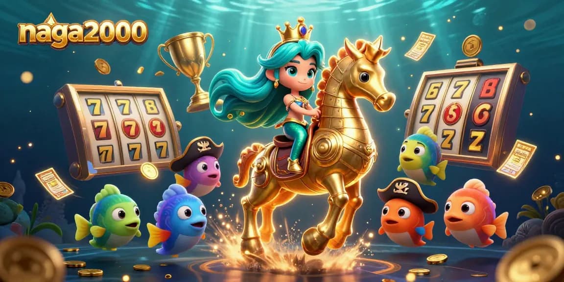 Naga2000 mainkan slot dengan fitur RTP tinggi dan jackpot menarik di depan ikan kartun penuh warna.