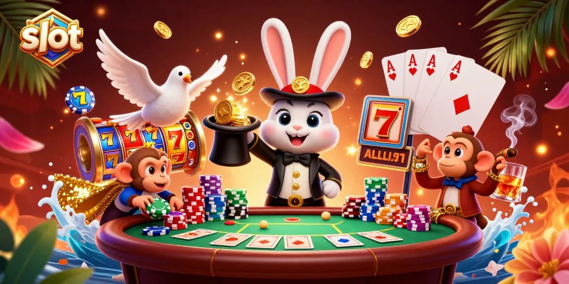 Spin the slot reels with magic as a rabbit, dove, and monkey bring the casino to life with excitement.