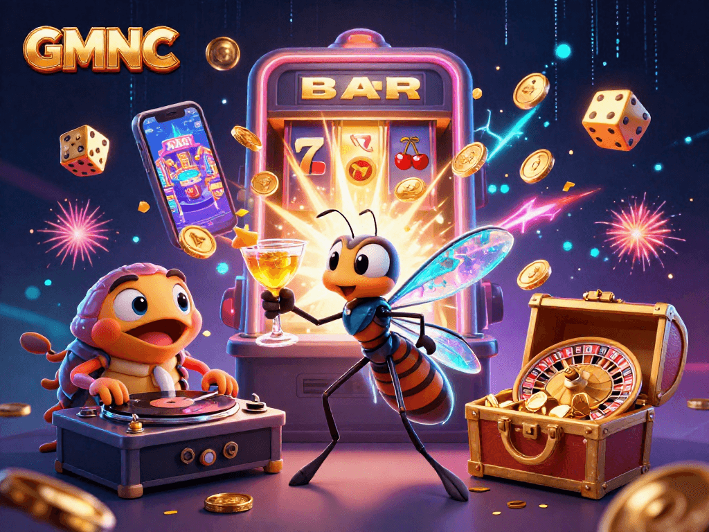 Experience the thrill of GMNC gaming with a lively scene featuring a casino mascot and engaging elements.