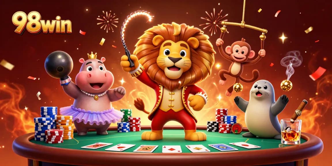 Experience the lively world of 98win with a dynamic 3D casino illustration featuring playful animals and poker elements.