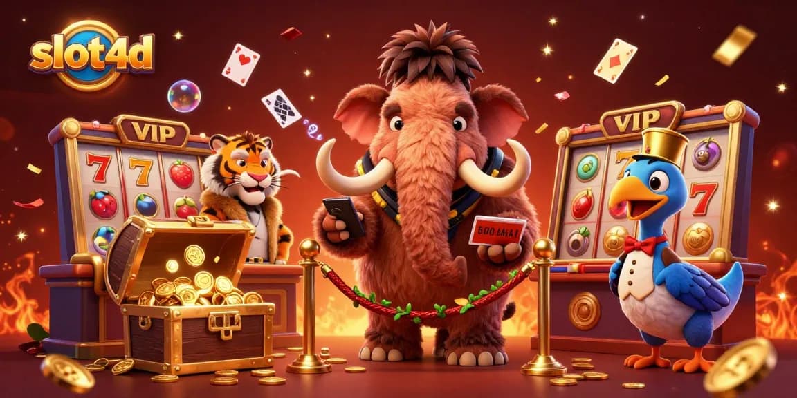 Experience thrilling slot 4d excitement with cartoon characters at the casino entrance, surrounded by vibrant game elements.