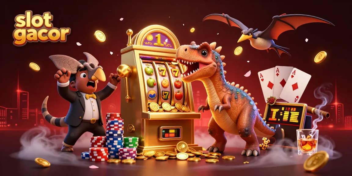 Slot gacor: ilustrasi kasino 3D menampilkan dinosaurus yang berinteraksi dengan mesin slot.