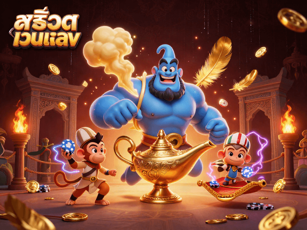 Experience the thrill of สล็อตเว็บตรง with a dynamic 3D casino adventure featuring a genie, monkey, and poker elements.