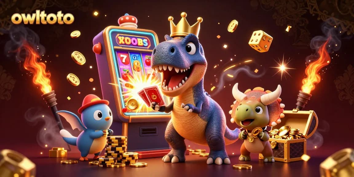 Experience the excitement of owltoto with a playful dinosaur casino scene, featuring card shuffling and jackpot symbols.