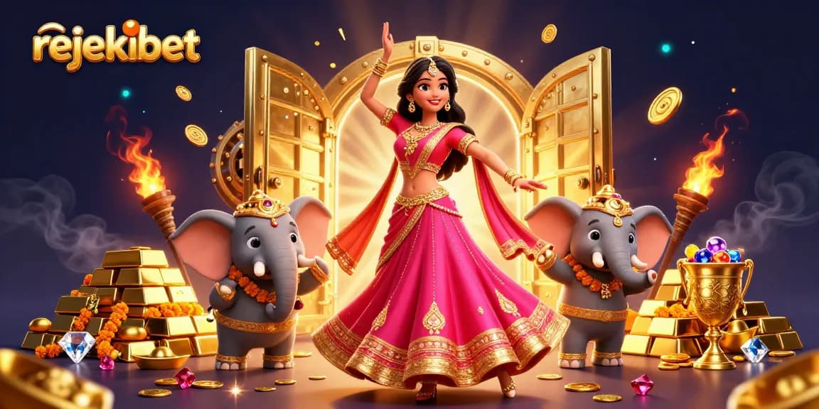 Win with rejekibet's exciting slot games amidst golden treasures and vibrant characters.