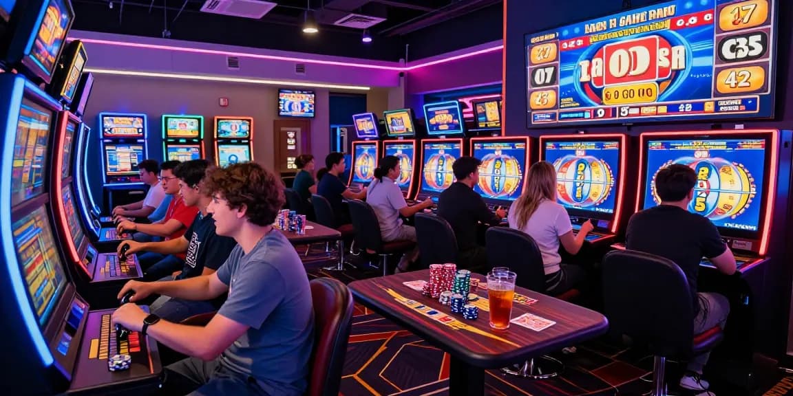 Permainan slot online dengan suasana hidup di kasino virtual, pemain menikmati momen kemenangan.