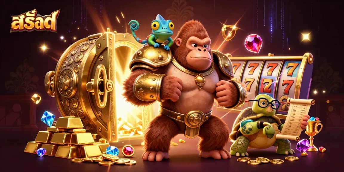 Engaging 3D illustration of a powerful gorilla king and characters enjoying สล็อต action, surrounded by jewels and slot reels.