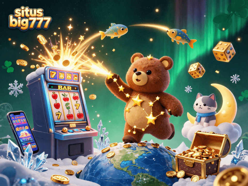 Spin and win with situs big777 in a dazzling 3D casino jackpot illustration.