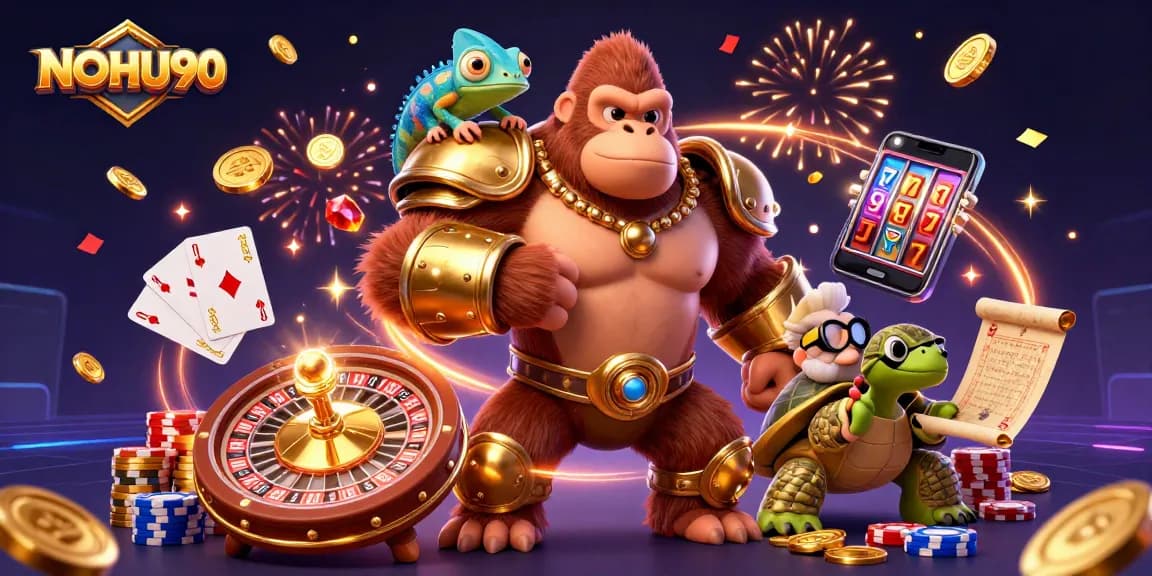 Engage in thrilling gameplay with NOHU90's vibrant 3D casino illustration showcasing a gorilla king, chameleon, and wise tortoise.