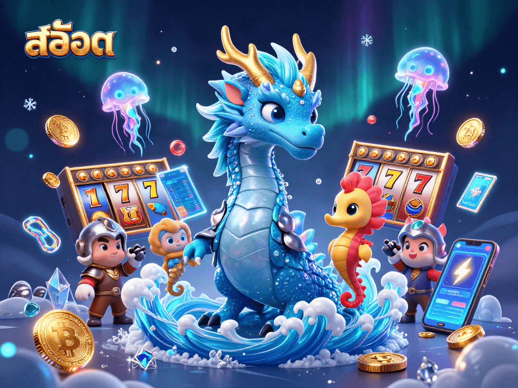 Spin the reels of สล็อต in this captivating casino-themed 3D illustration filled with fantastical underwater characters.