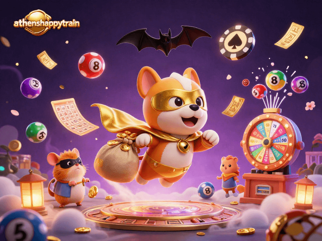 Athenshappytrain showcases a superhero dog and hamster engaging in vibrant, exhilarating lottery fun.