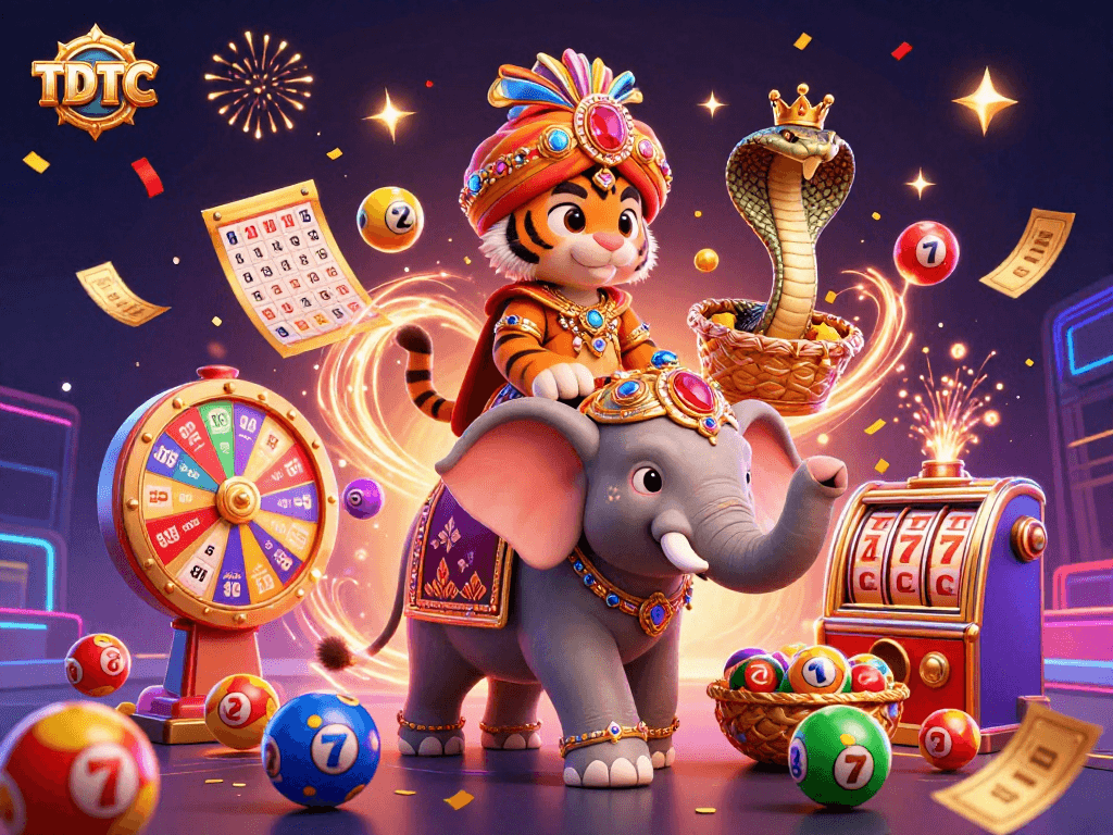 Engage in TDTC lottery excitement with vibrant elements showcasing gaming joy.