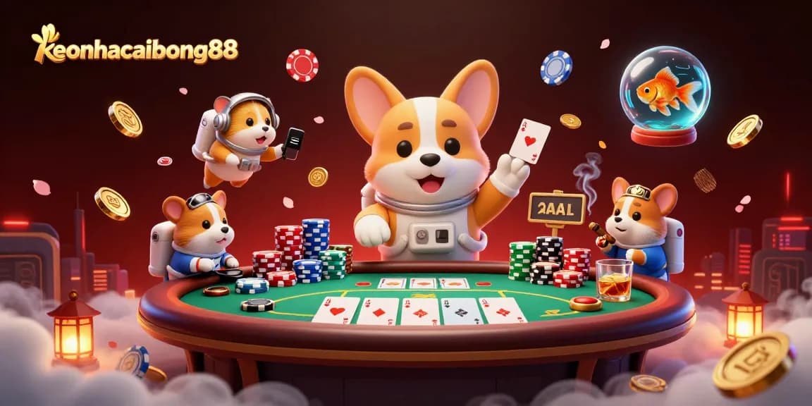 Engage with keonhacaibong88 in an energetic casino scene featuring a 3D astronaut corgi and vibrant poker elements.
