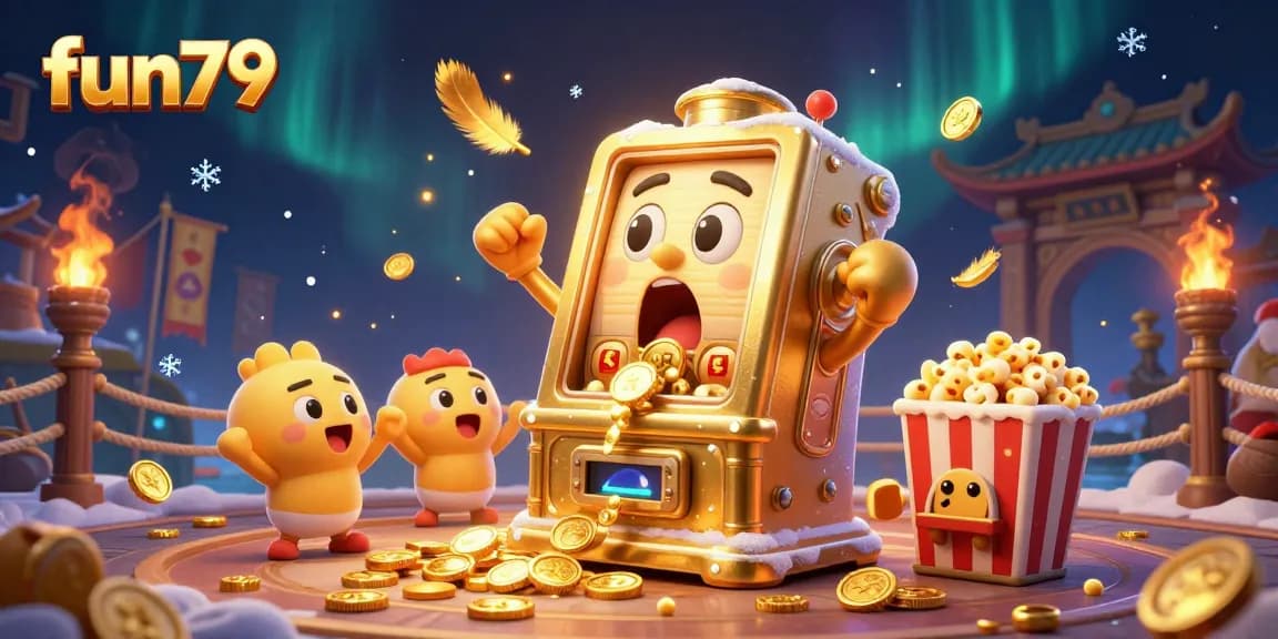 Win big at fun79 while a golden slot machine celebrates its jackpot, surrounded by cheering characters and vibrant visuals.