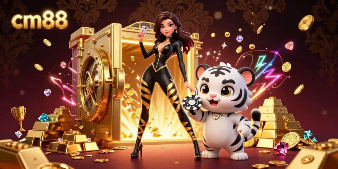 Play exciting casino games with cm88 as a stunning woman and a white tiger enhance the atmosphere.