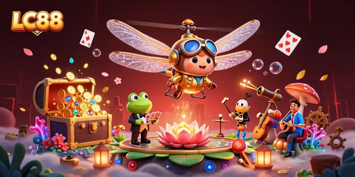 Experience thrilling gaming action with LC88 at a vibrant lily pad casino featuring unique characters and engaging elements.