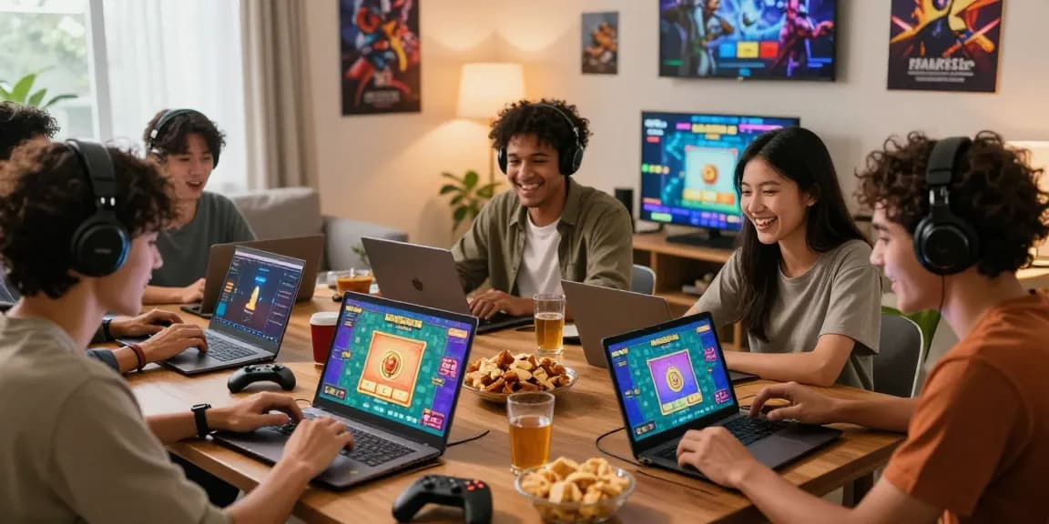 Exciting scene of friends enjoying game bài đổi thưởng, gaming on laptops in a cozy living room.