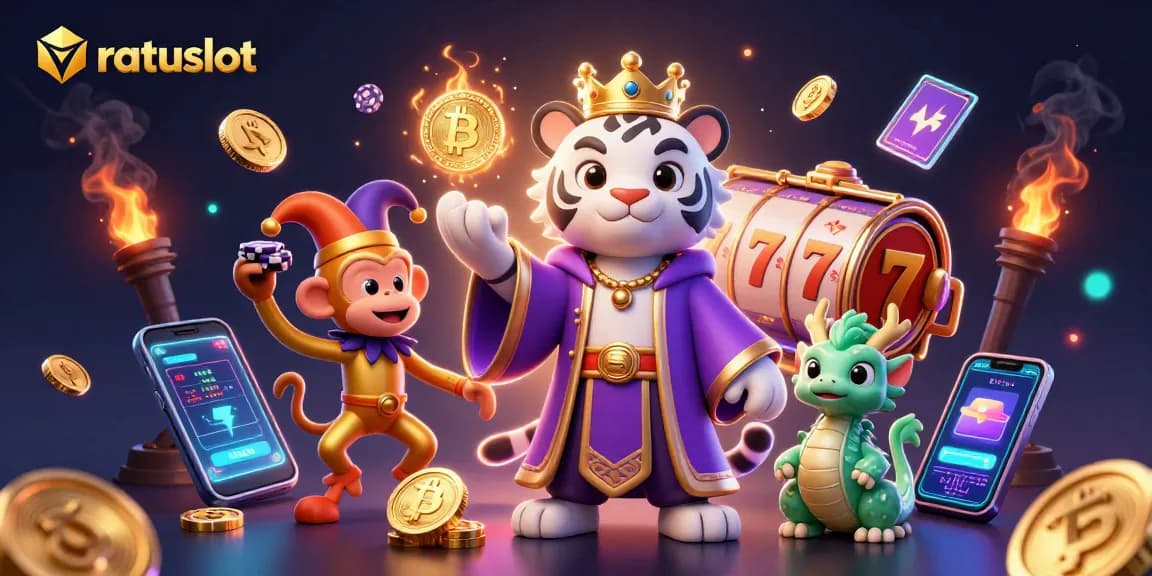 Experience ratuslot with vibrant casino illustrations showcasing dynamic gaming elements and characters.