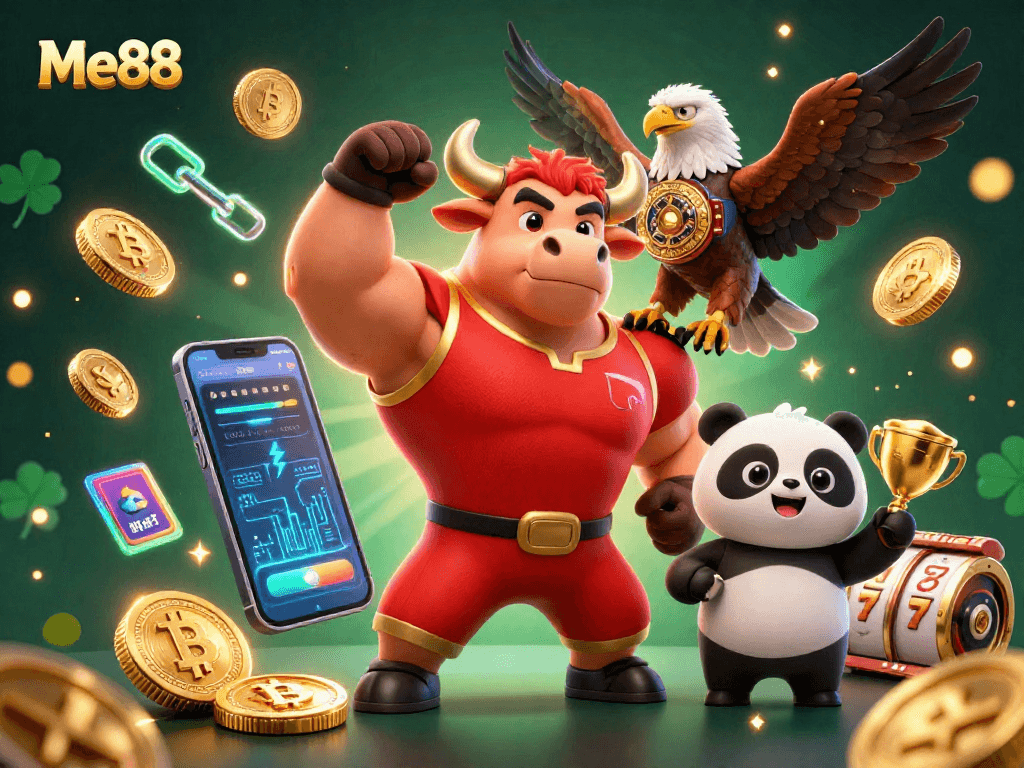 Win big with Me88 at the casino, featuring trophy-winning mascots and vibrant gaming elements.