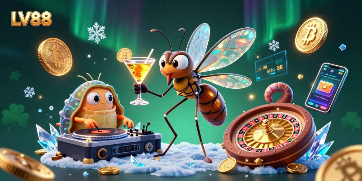Experience LV88 with a vibrant casino-themed illustration featuring a unique mosquito mascot and futuristic elements.