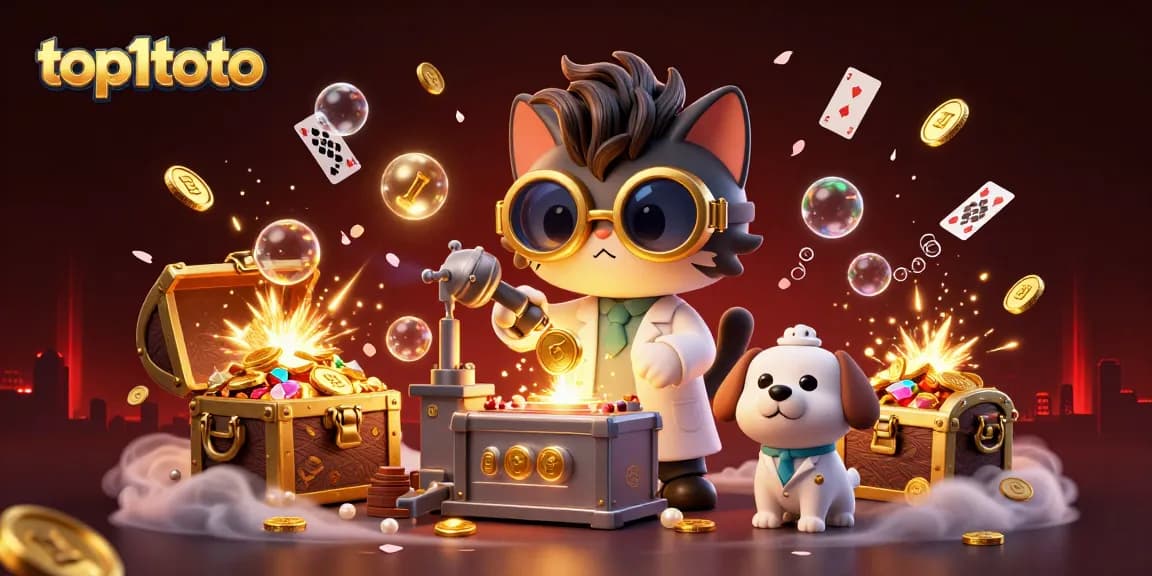 Engage with top1toto's thrilling slots experience featuring a mad scientist cat and his dog assistant amidst a treasure explosion.