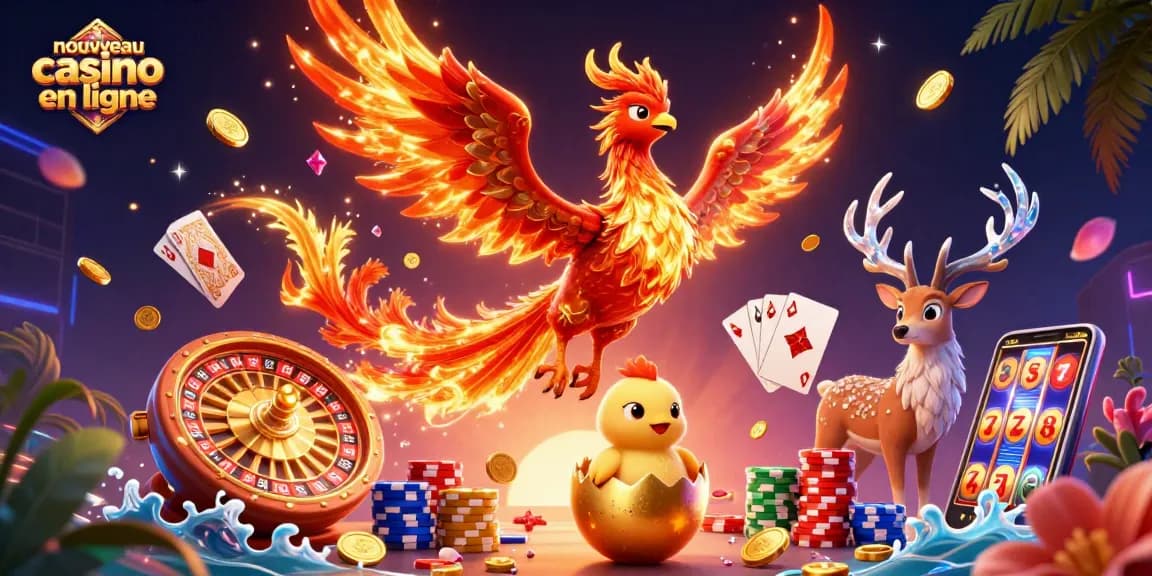 Experience the excitement of nouveau casino en ligne with a vibrant casino scene featuring a phoenix and gaming elements.