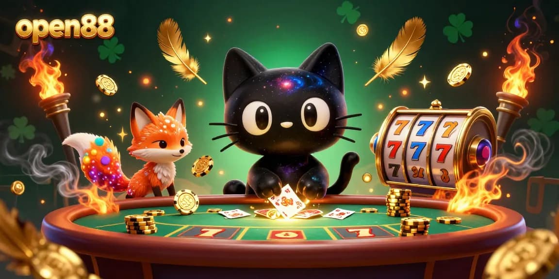 Experience exciting wins at open88 with a 3D illustration featuring a cosmic cat pulling in casino chips.