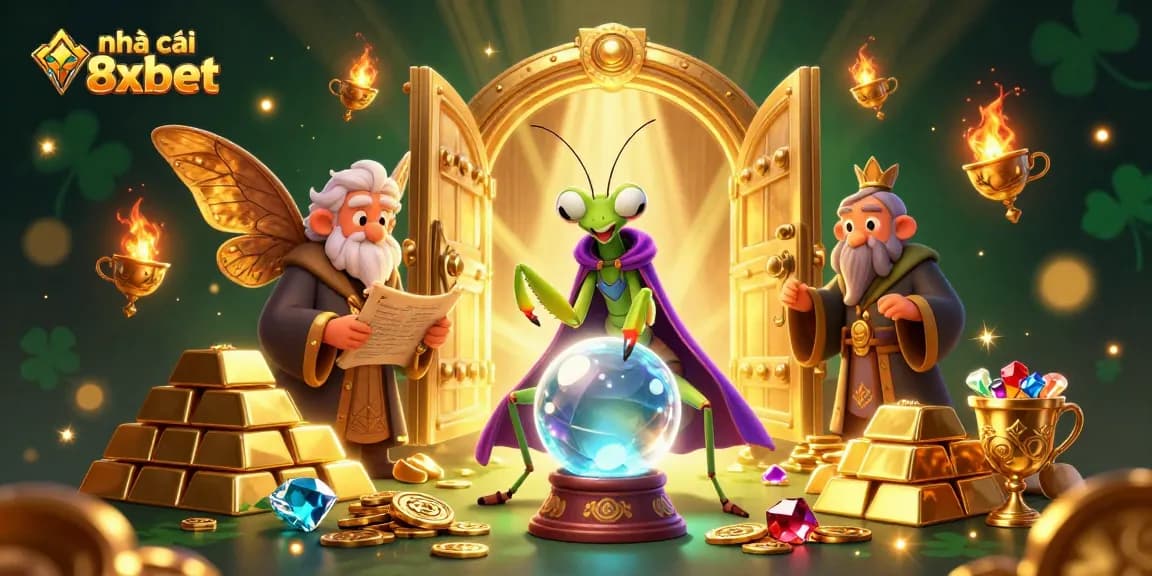 Experience the thrill of nhà cái 8xbet with vibrant 3D casino illustrations showcasing fortune tellers and treasures.