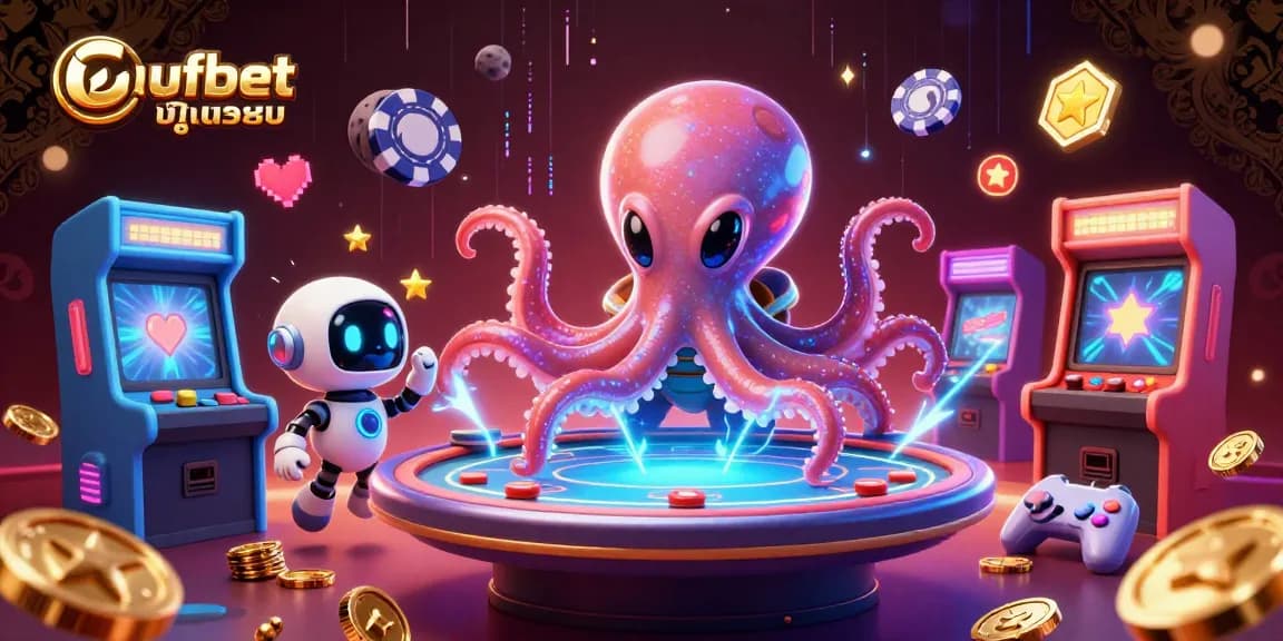 Engage in the vibrant world of ufabetเข้าสู่ระบบ with an alien octopus at a holographic poker table amid dynamic gaming elements.