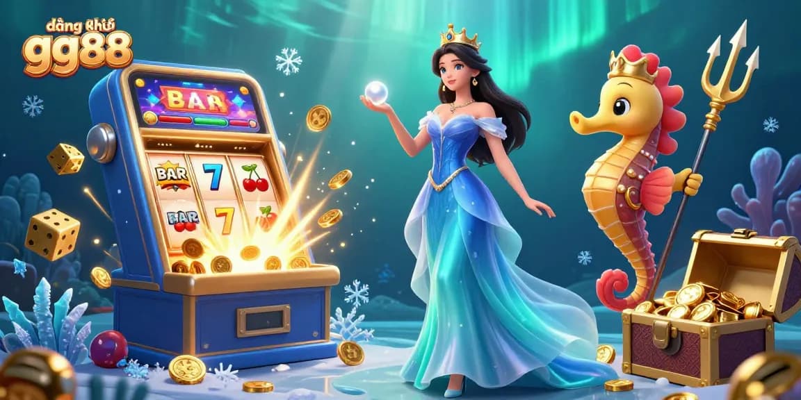 Experience đăng ký gg88 through a dazzling 3D casino scene with a stunning ocean-blue gown character, slot machines, and sparkling treasures.